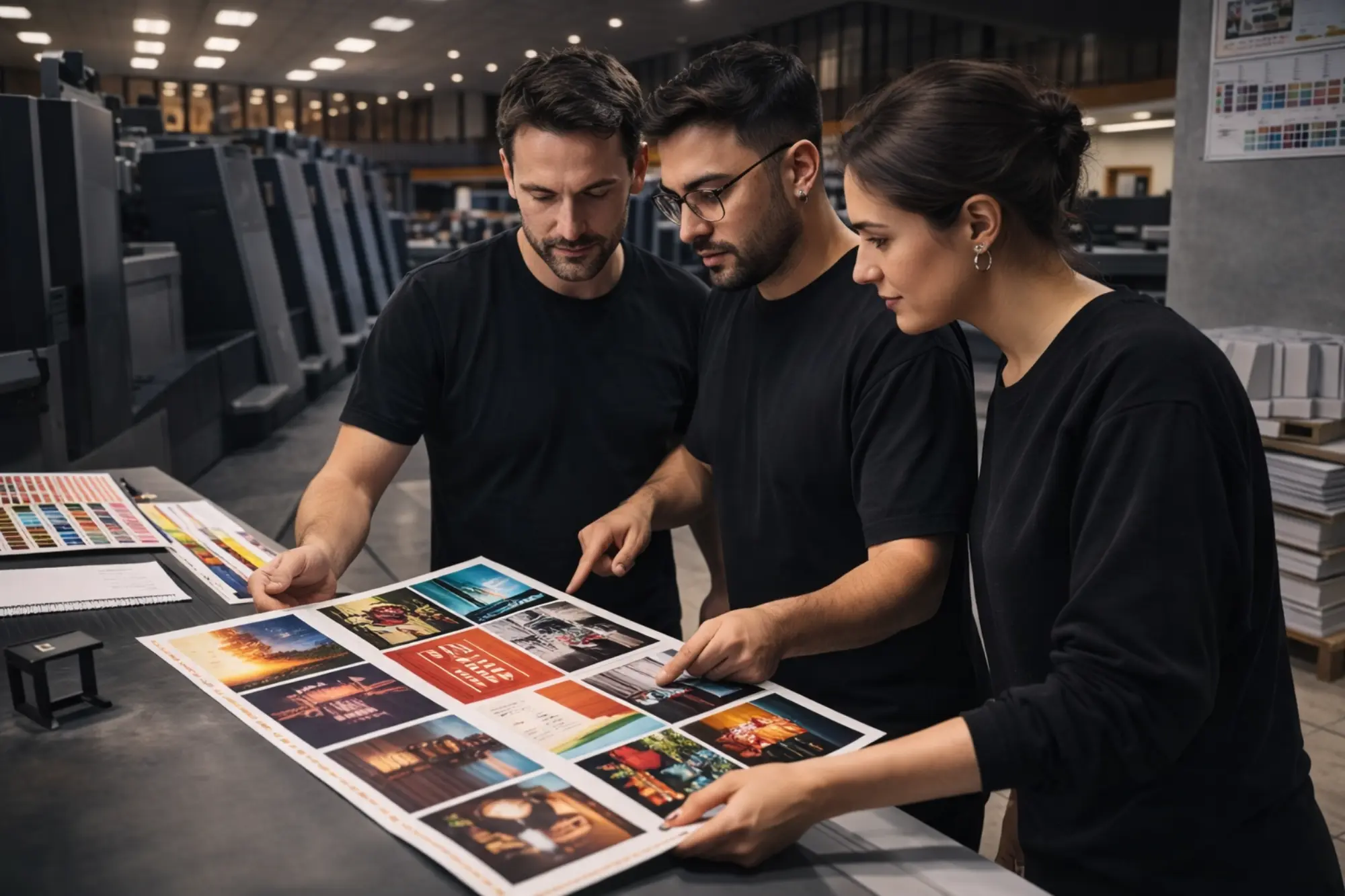 Equipo revisando pruebas de impresión