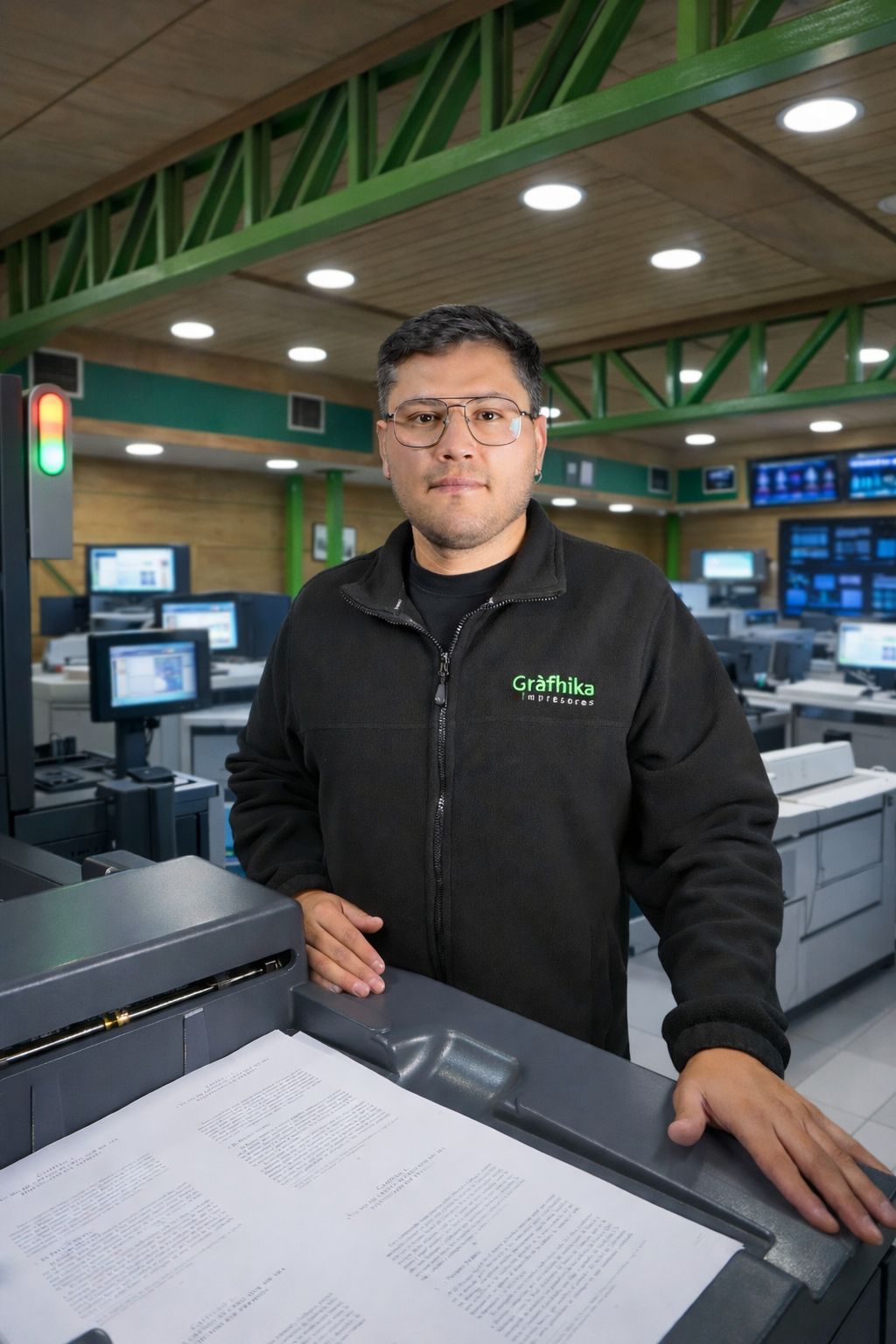 Profesional de Gráfhika en planta de impresión