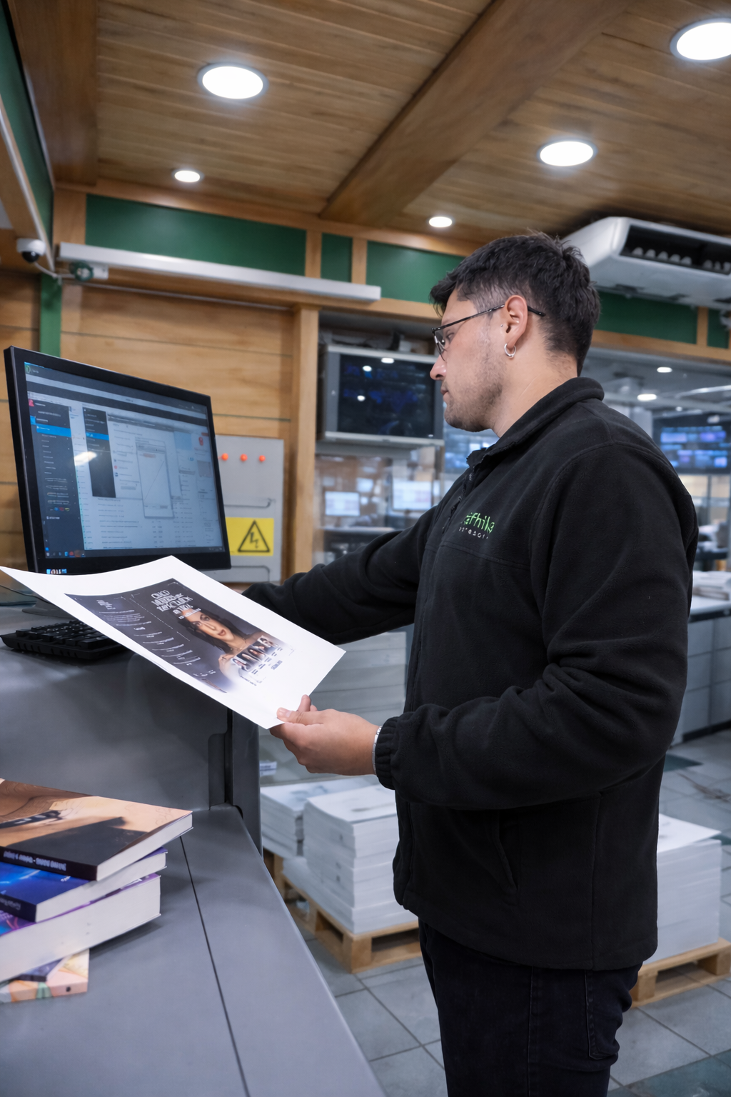 Profesional Gráfhika revisando impresión